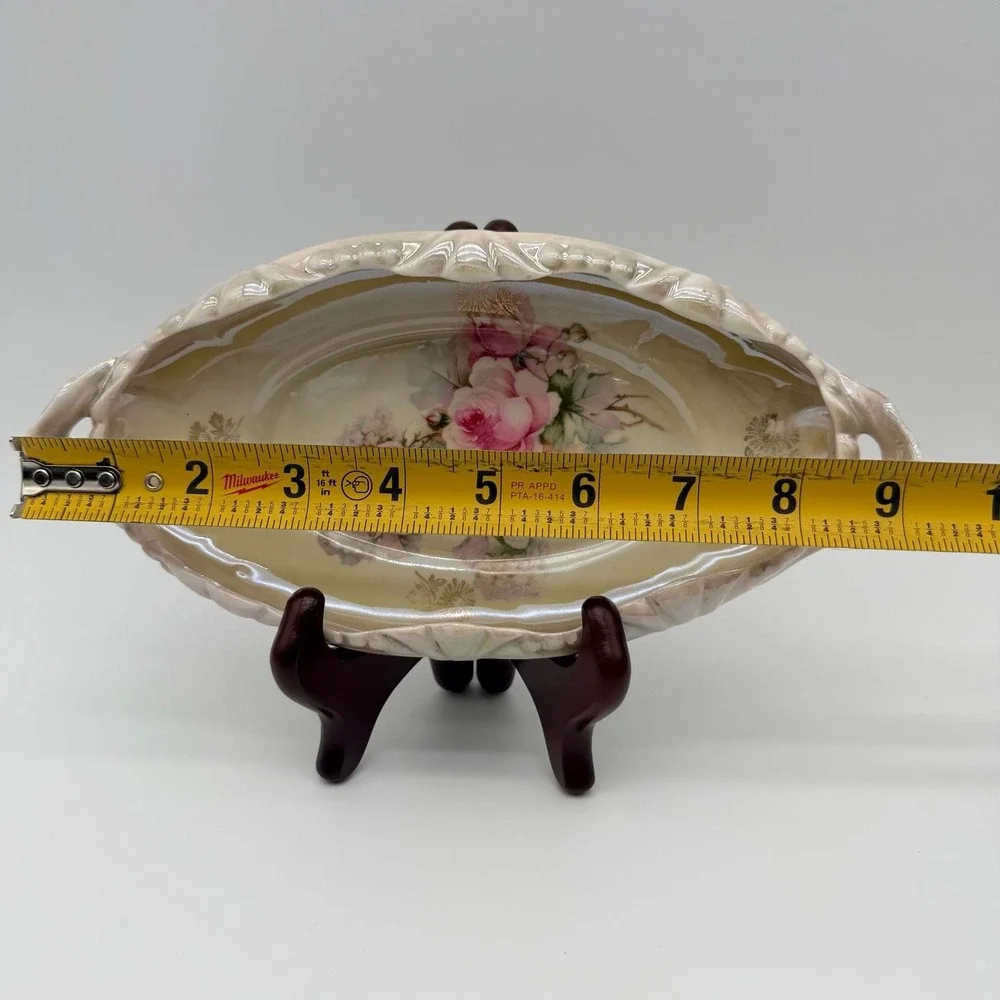 VTG German Porcelain Oval Celery Dish / Relish Tray Pink Roses and Gold accents